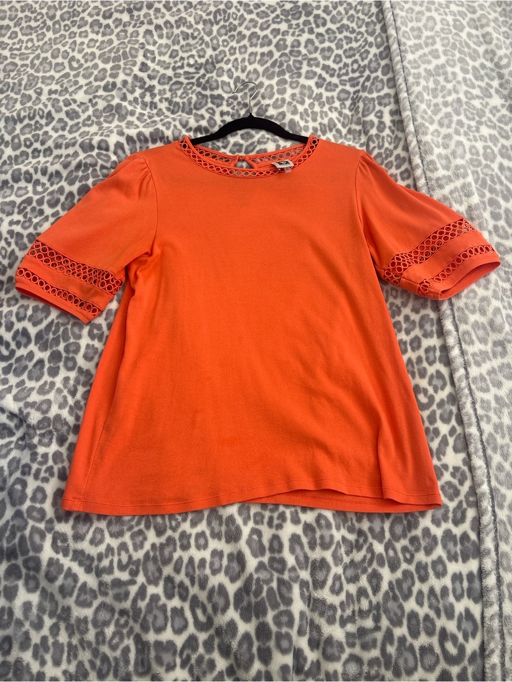 Anne Klein Orange Eyelet-Detail Short Sleeve Blouse
